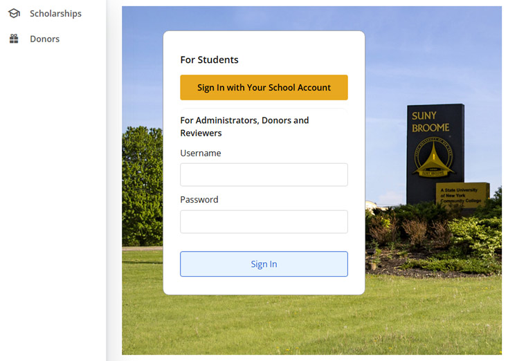 Screen capture of the yellow student sign in button on the Awardspring scholarship application software