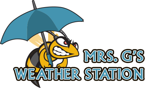 Mrs. G's Weather Station banner with hornet holding umbrella