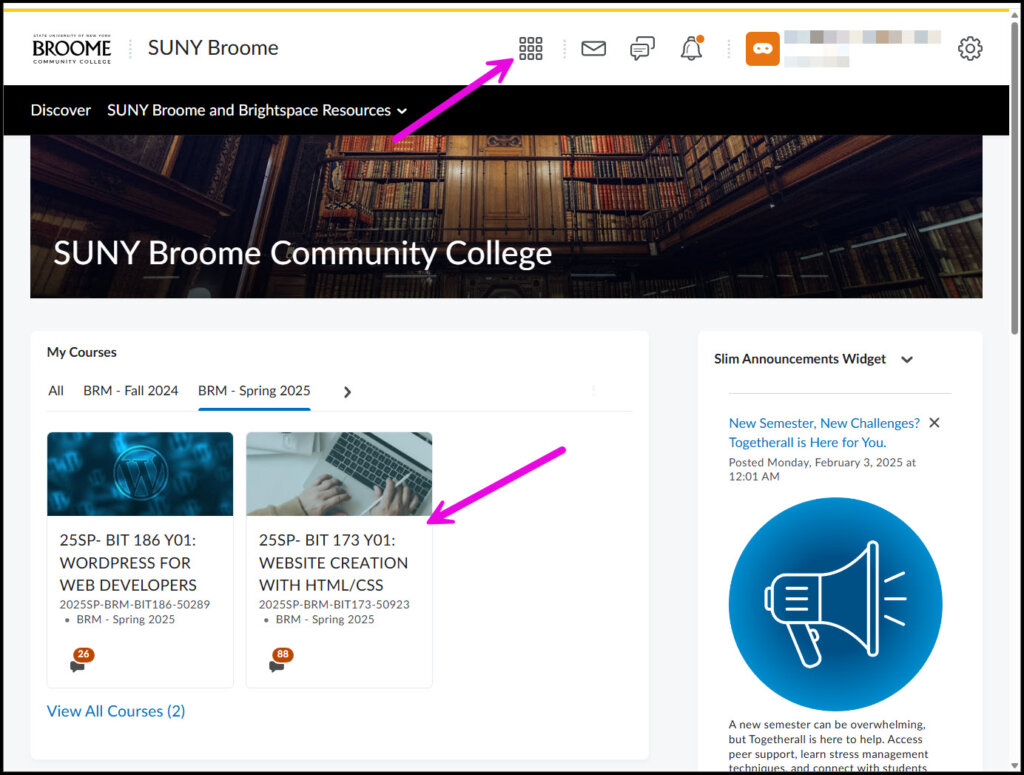 Arrow pointing to a couse tile in the MyCourses widget of Brightspace and to the Waffle icon.