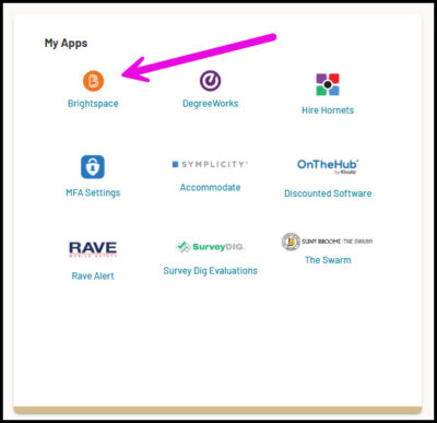 Arrow pointing to the Brightspace Icon in My Apps of MyCollege.