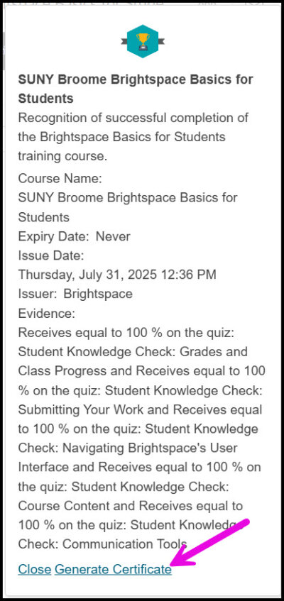 Arrow pointing to the "Generate Certificate" link.