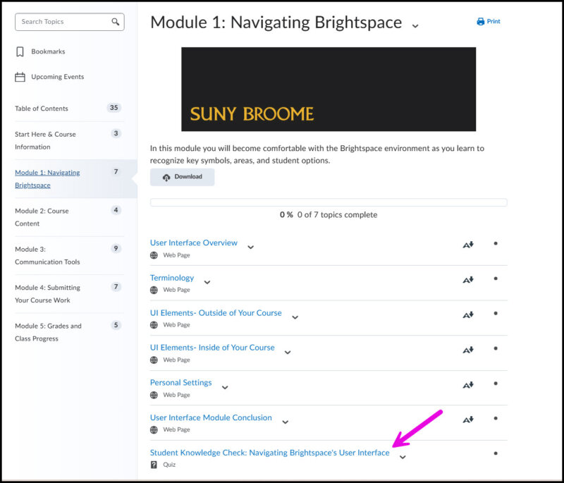 Arrow pointing to the Student Knowledge Check within Module 1.