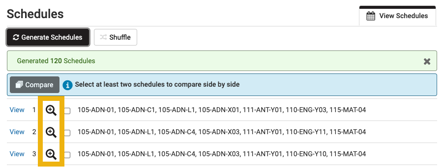 generate schedules screen shot