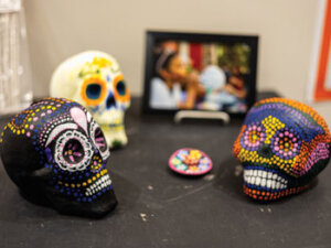 Small fake decorated skulls at the exhibit
