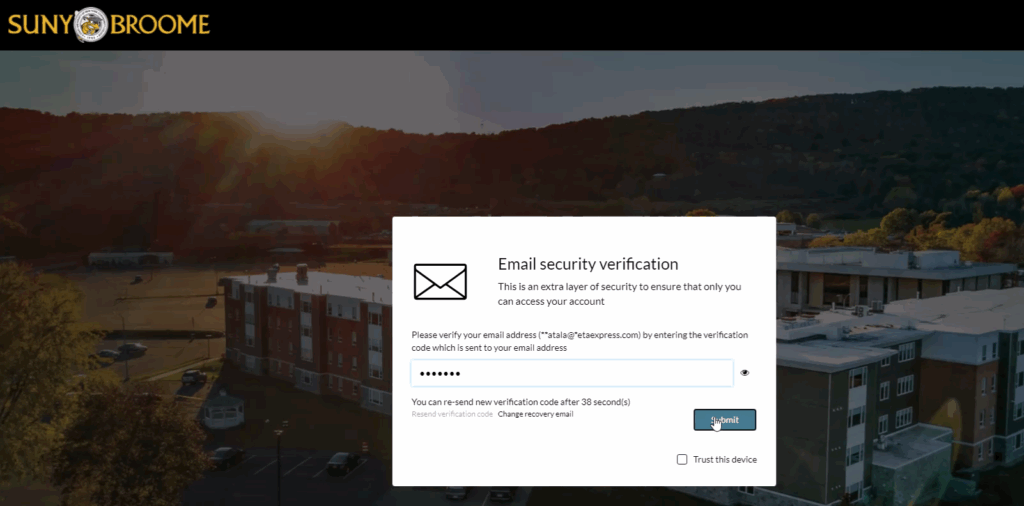 MyCollege screen image with block for Email security verification. Enter the verification code that was sent to you email address and select the submit button.