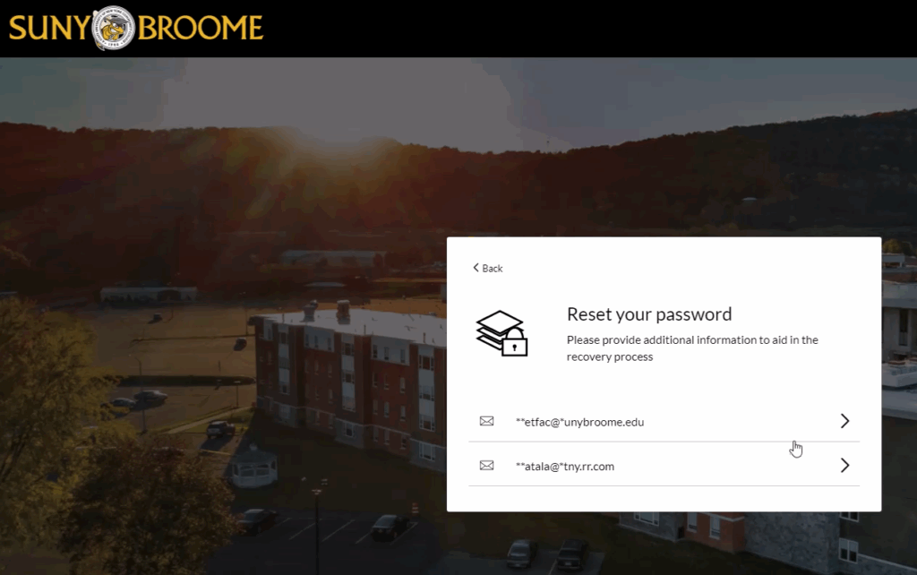 MyCollege screen image with block for Reset your password. Select the email address you want to use for the recovery process