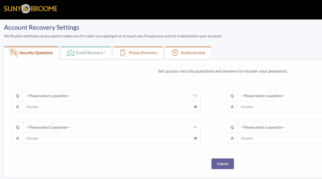 Screen image of Account Recovery Settings. There are 4 tabs to choose from : Security Questions, Email Recovery, Phone Recovery, Authenticator. The security questions tab is highlighted with selection for security question and answers.