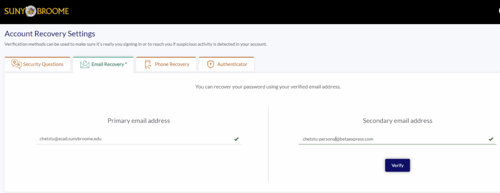 screen image of Account Recovery Settings. Email Recovery tab is highlighted. You can set your primary and secondary email addresses.