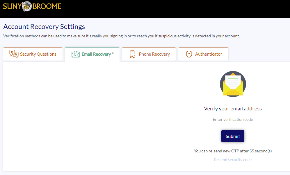 screen image of Accounty Recovery Settings. Email Recovery tab is highlighted. To Verify your email address you need to enter a verification code and select the Submit button