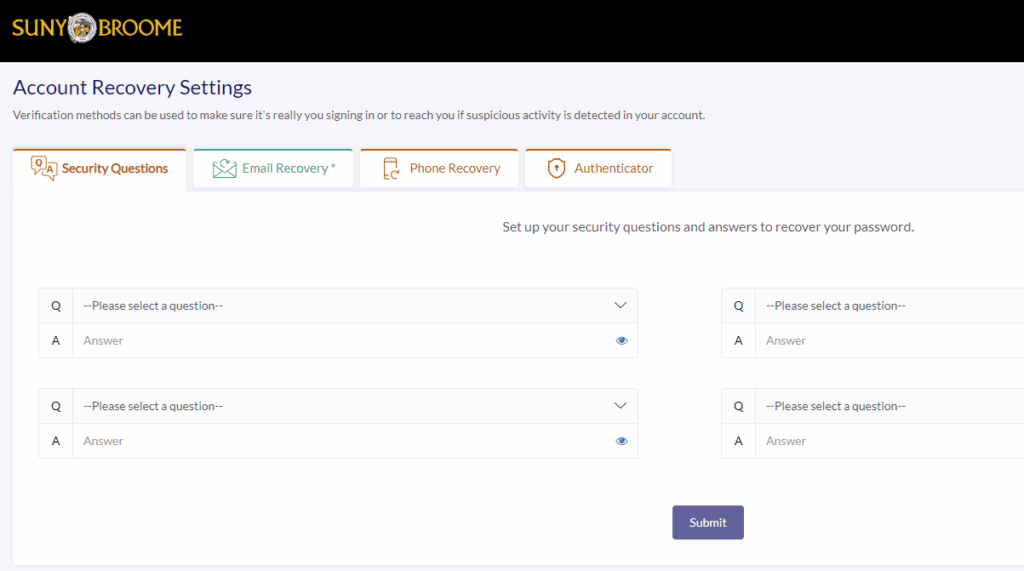 Screen image of Account Recovery Settings. Security Questions tab is highlighted so you can select security questions & set answers
