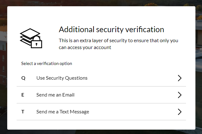 Screen image of Additional security verification screen. This is an extra layer of security to ensure that only you can access your account. Select a verification option: Use Security Questions; Send me an Email; Send me a Text Message.