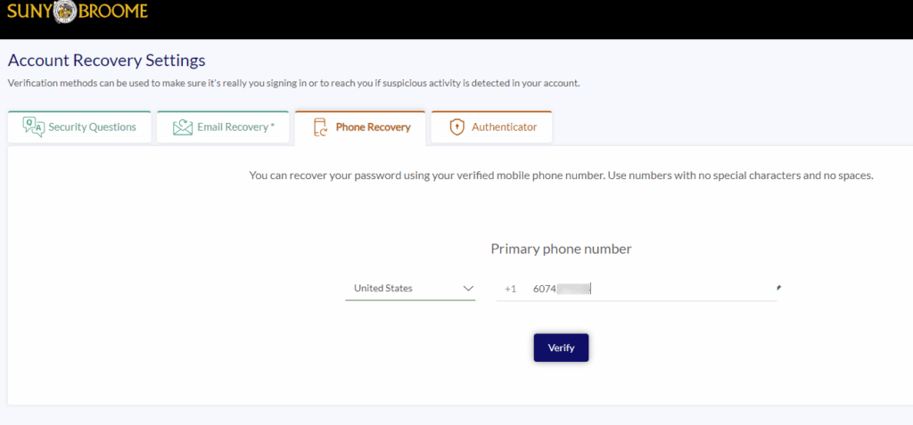 screen image of Accounty Recovery Settings. Phone Recovery tab is highlighted. You can enter a phone number to use to recover your login password.