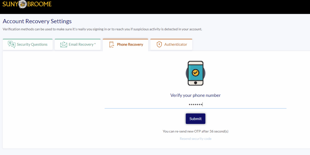 screen image of Accounty Recovery Settings. Phone Recovery tab is highlighted. You need to verify your phone number in the field and select the Submit button.