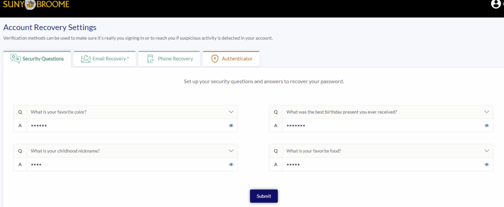 Screen image of Account Recovery Settings. There are 4 tabs to choose from : Security Questions, Email Recovery, Phone Recovery, Authenticator. The security questions tab is highlighted with selection for security question and answers.