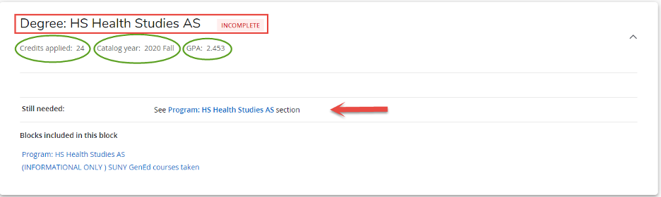 Screen shot of the degree area