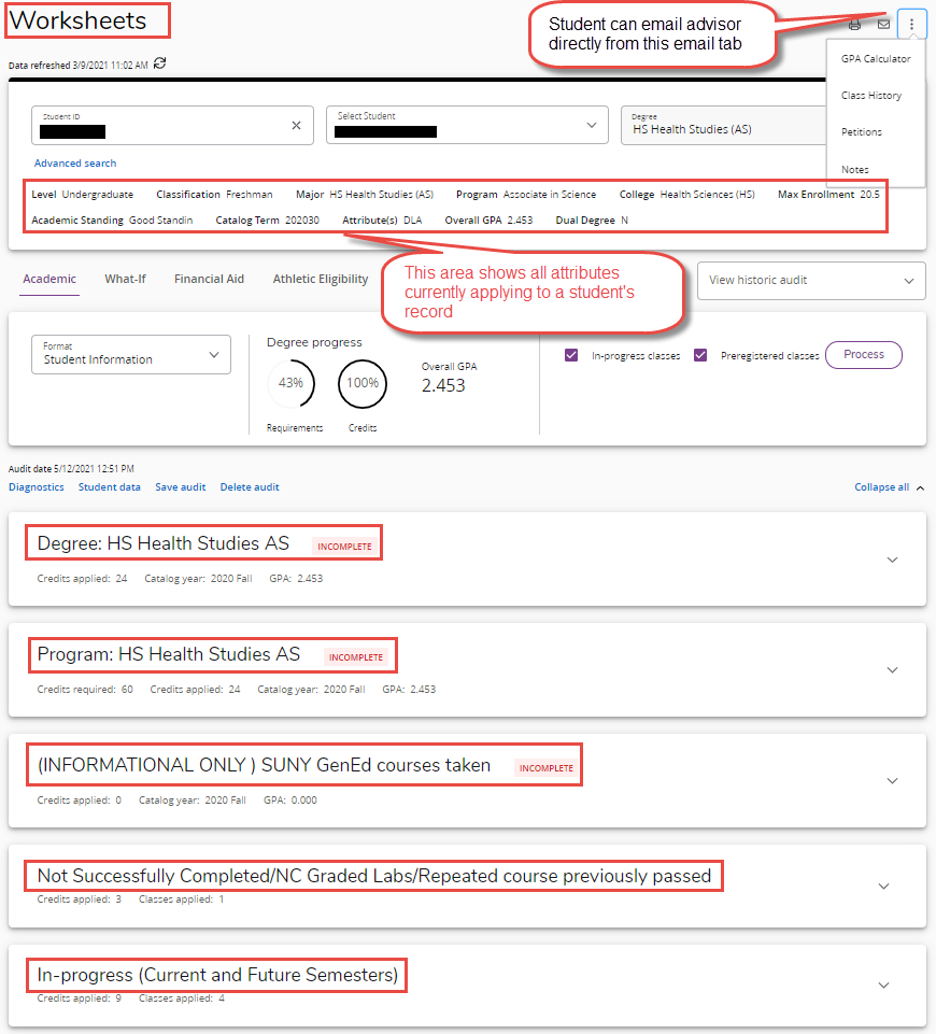 Screen shot of Degree Works worksheets page