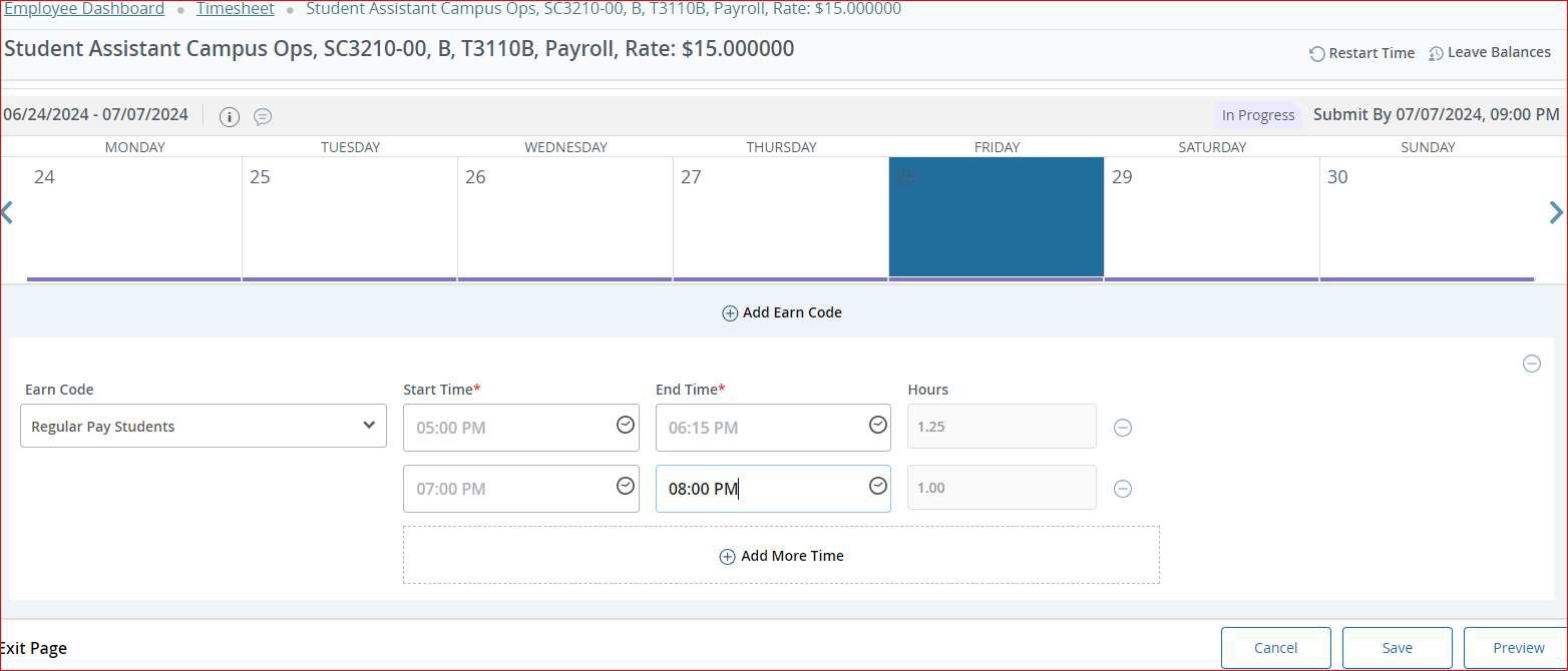 Hourly timesheet submission directions select the date to enter start and end time
