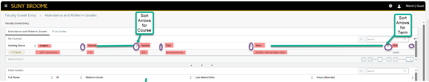 Faculty Grade Entry: View classes for this semester unter the 