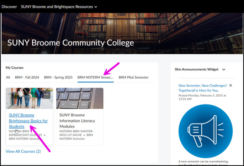 Arrows pointing to the BRM - NOTERM Semester and the Brightpsace Basics for Students tile.