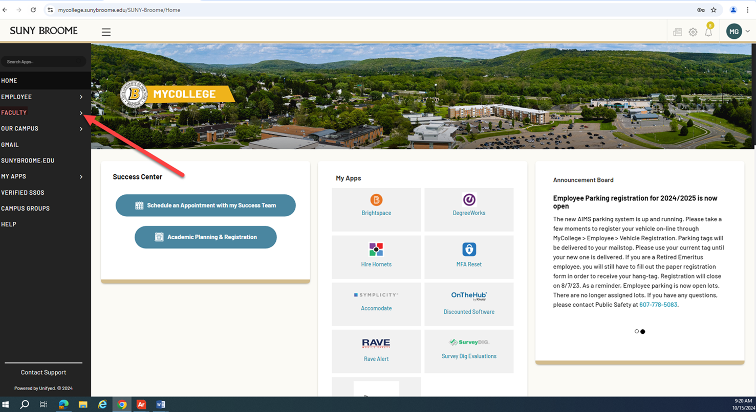 MYCOLLEGE menu. Red arrow pointing at left side menu dropdown for FACULTY