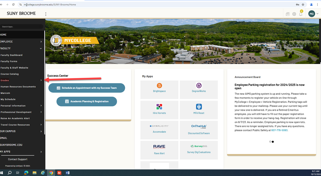 MYCOLLEGE menu. Red arrow pointing at left side menu dropdown for Grades