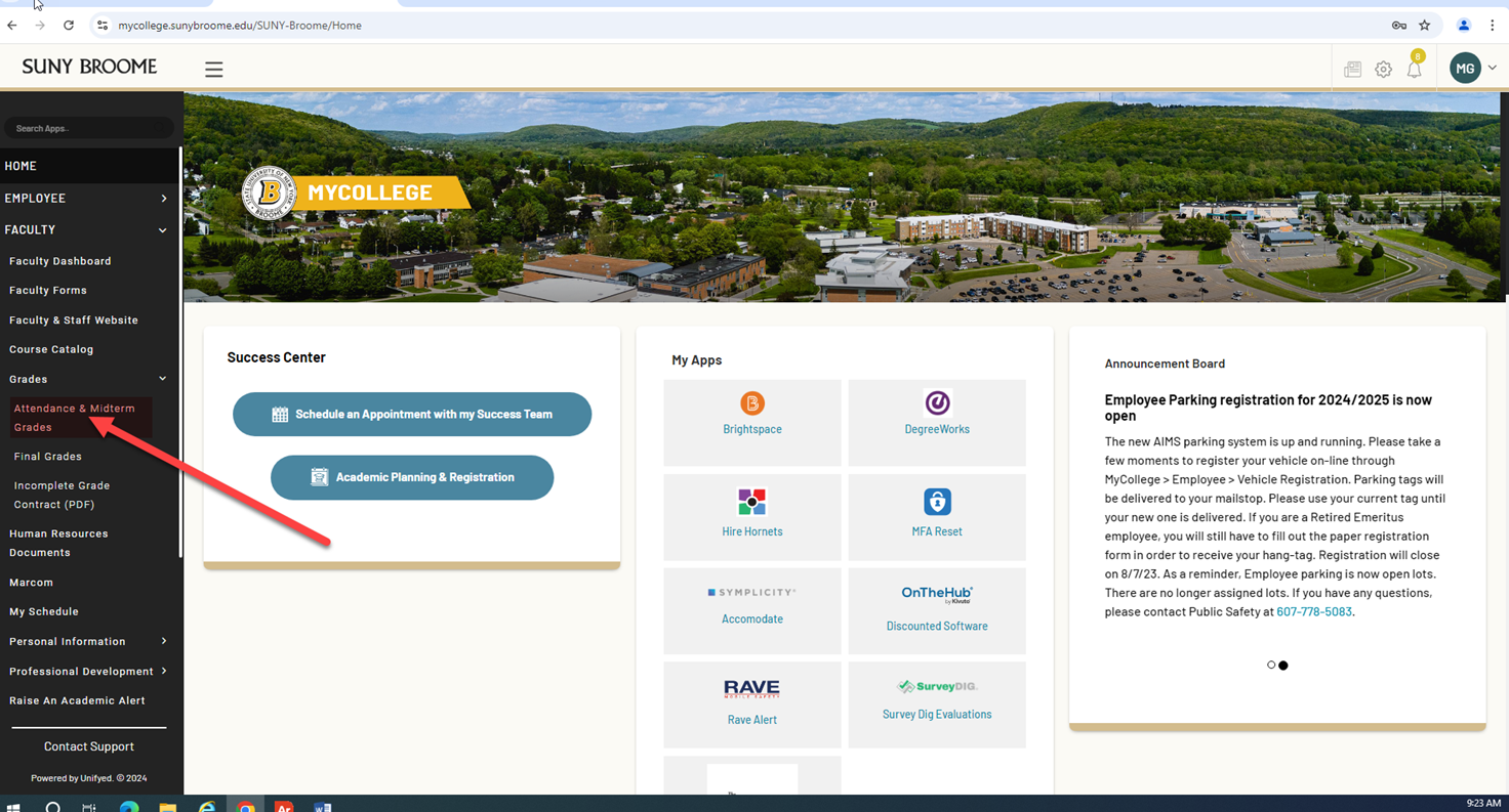 MYCOLLEGE menu. Red arrow pointing at left side menu dropdown for Atendance & Midterm Grades