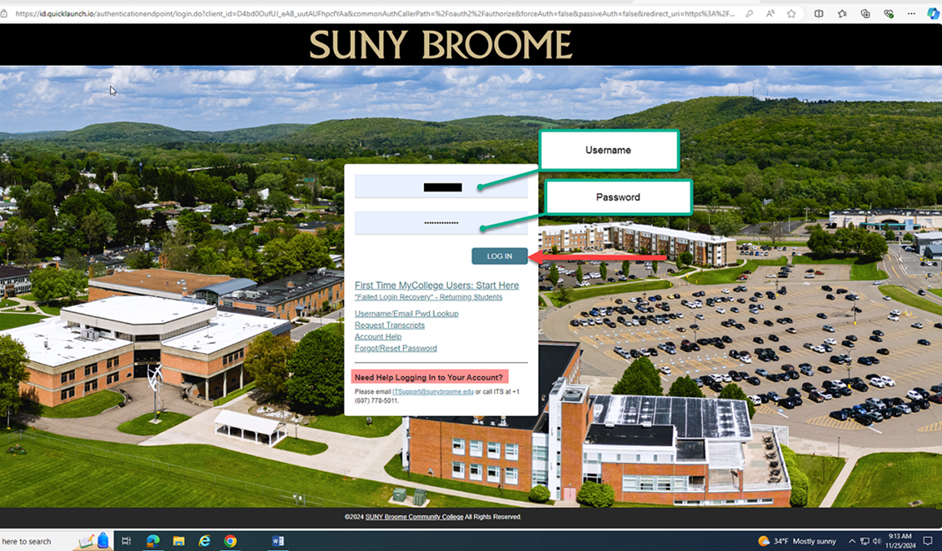 MyCollege homepage image with arrows to fields for Username and Password