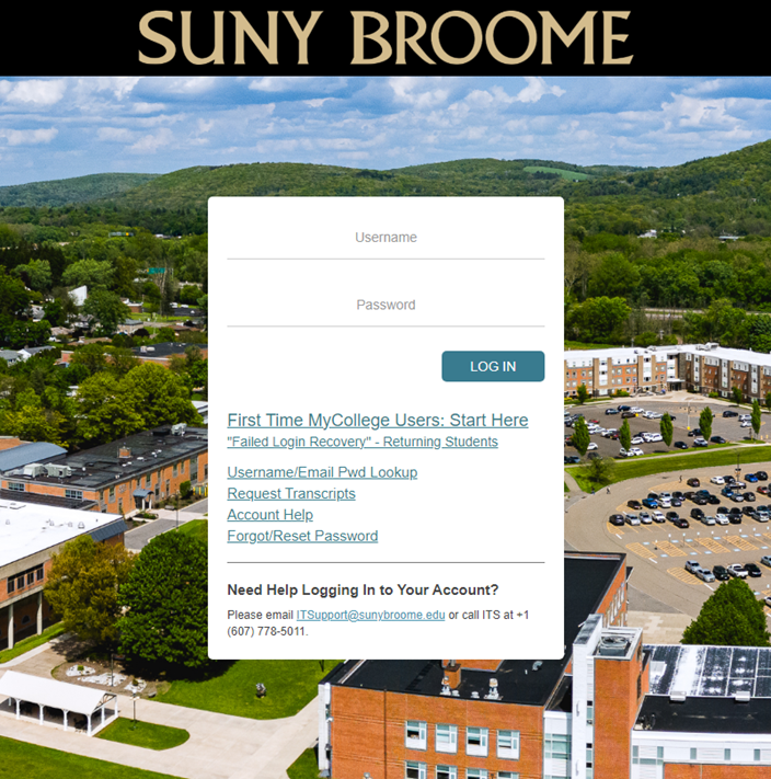 MyCollege login screen. Login ID field and blue LOG IN button