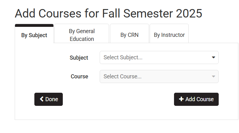 Screen shot for Add Courses for Fall Semester 2025; Tab