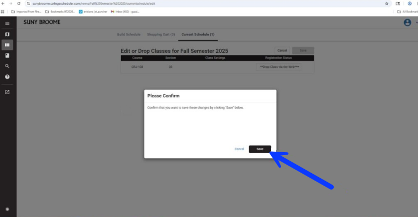 Screen shot Image shows an arrow pointing to the "Save" button on the confirmation pop-up on the edit or drop classes page in Schedule Planner.