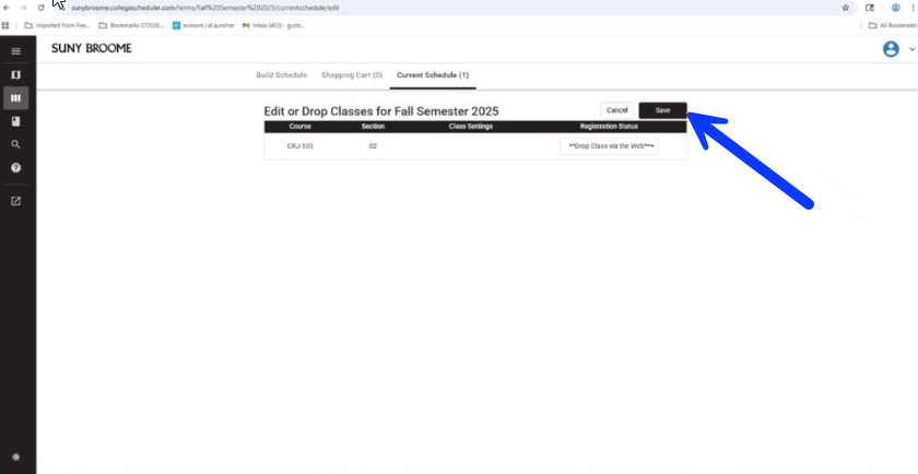 Screen shot Image shows an arrow pointing to the Save button on the edit or drop classes page in Schedule Planner