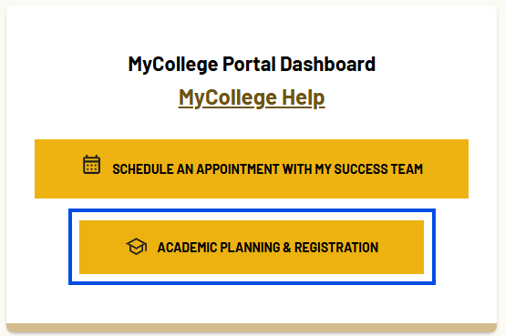 Screenshot of MYCOLLEGE home page with academic planning and registration highlighted